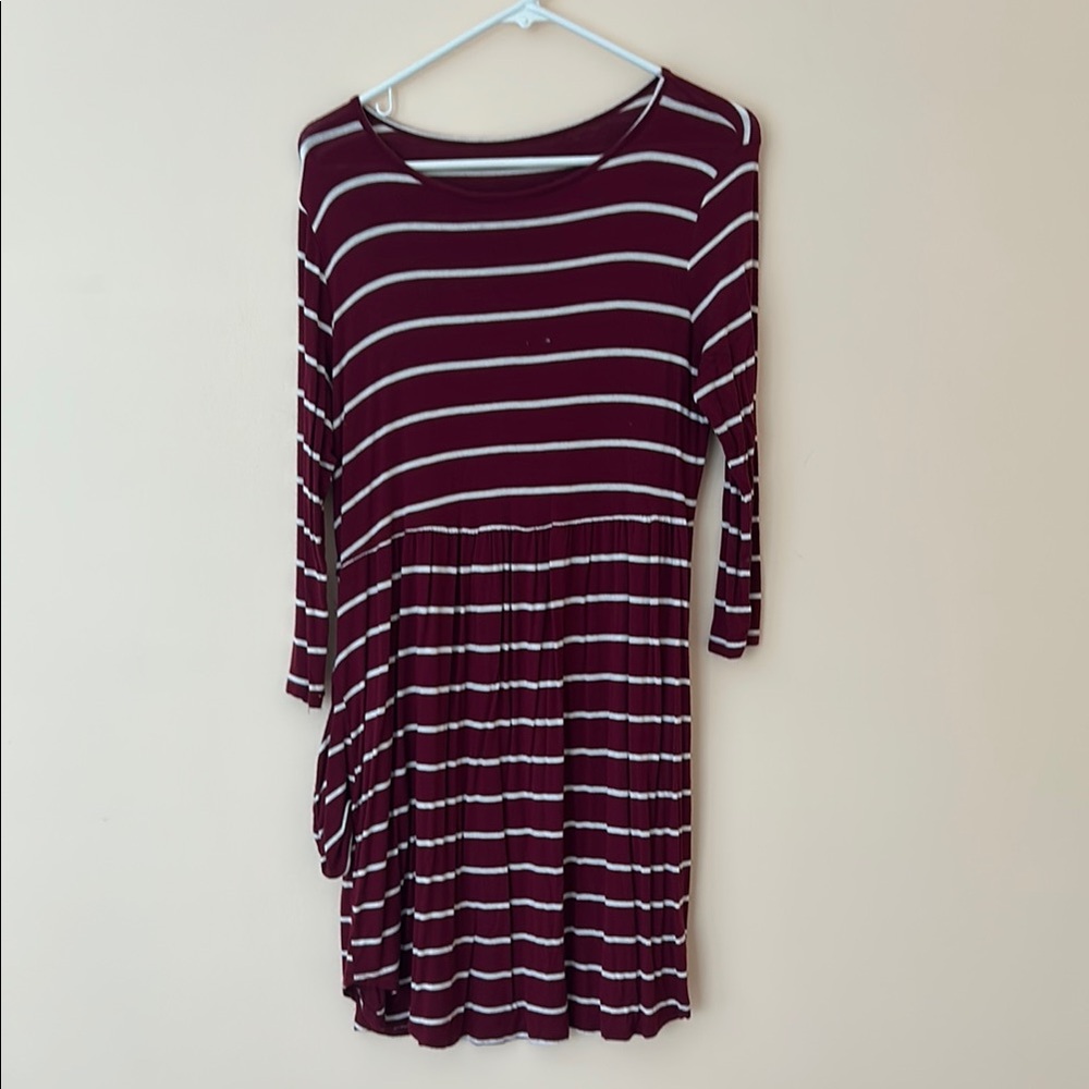 Red and White Fit and Flare Long Sleeve Dress